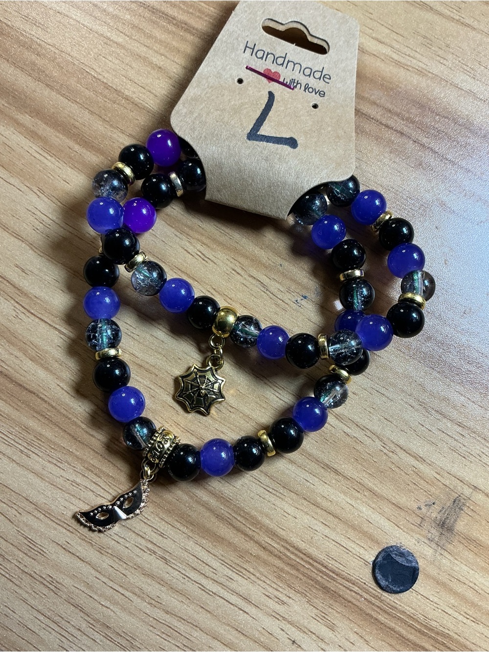 Handmade Purple & Black Beaded Bracelet Set with Gold Accents